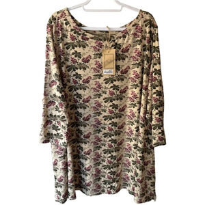 Blue Sky Casual Tan and Brown Floral Bateau Neck Top Women’s 4X Plus Feminine